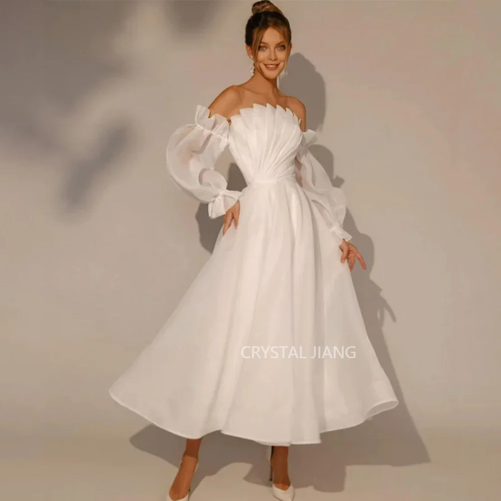 

Classy Short Scalloped Neck Organza Wedding Dresses Full Sleeves A Line Tea Length فساتين مناسبة رسمية for Women