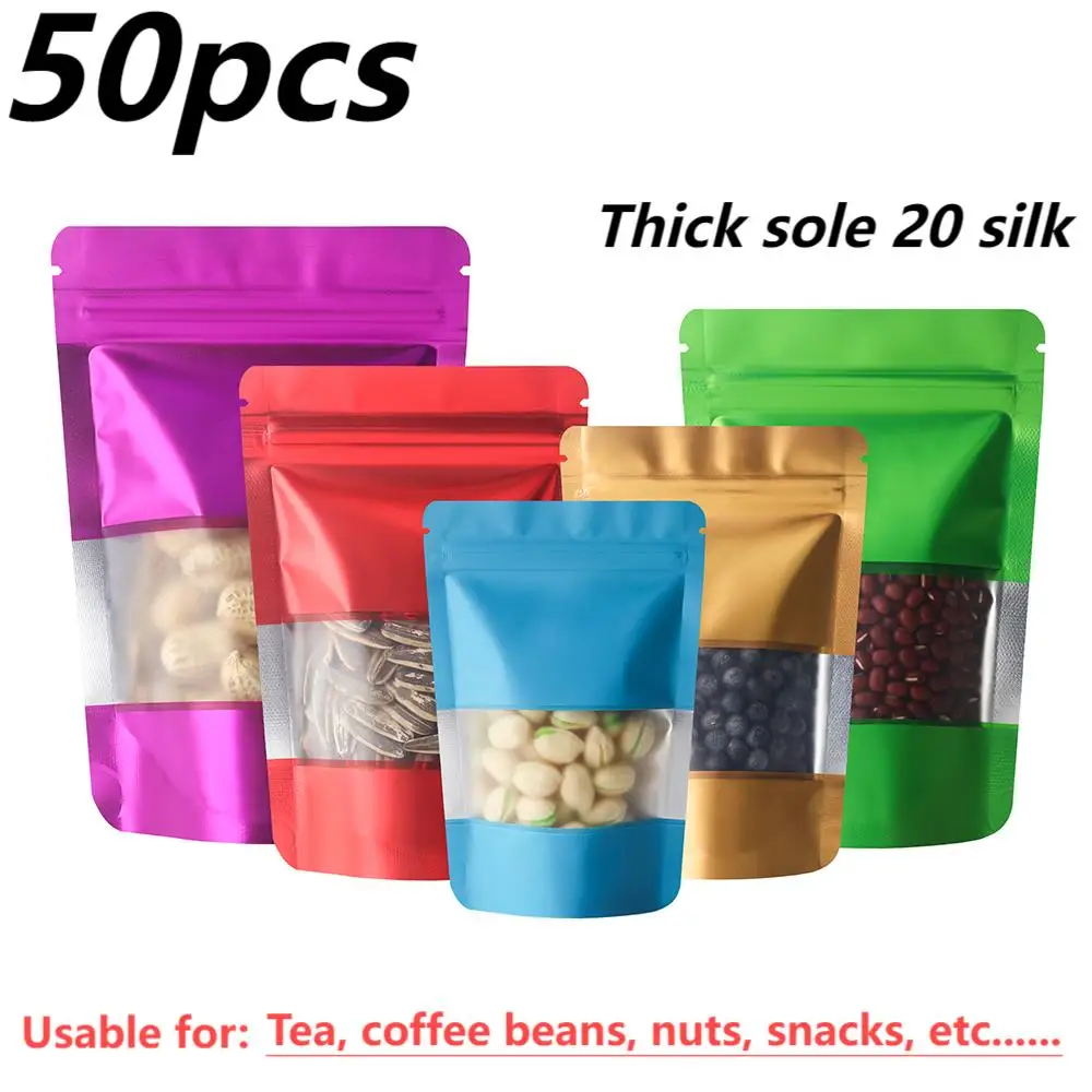 50 pcs Thickened 20c Viewable Window Upright Aluminum Foil Seal Bone Mylar Bag Tea Snacks Nuts Moisture Resistant Storage Bag