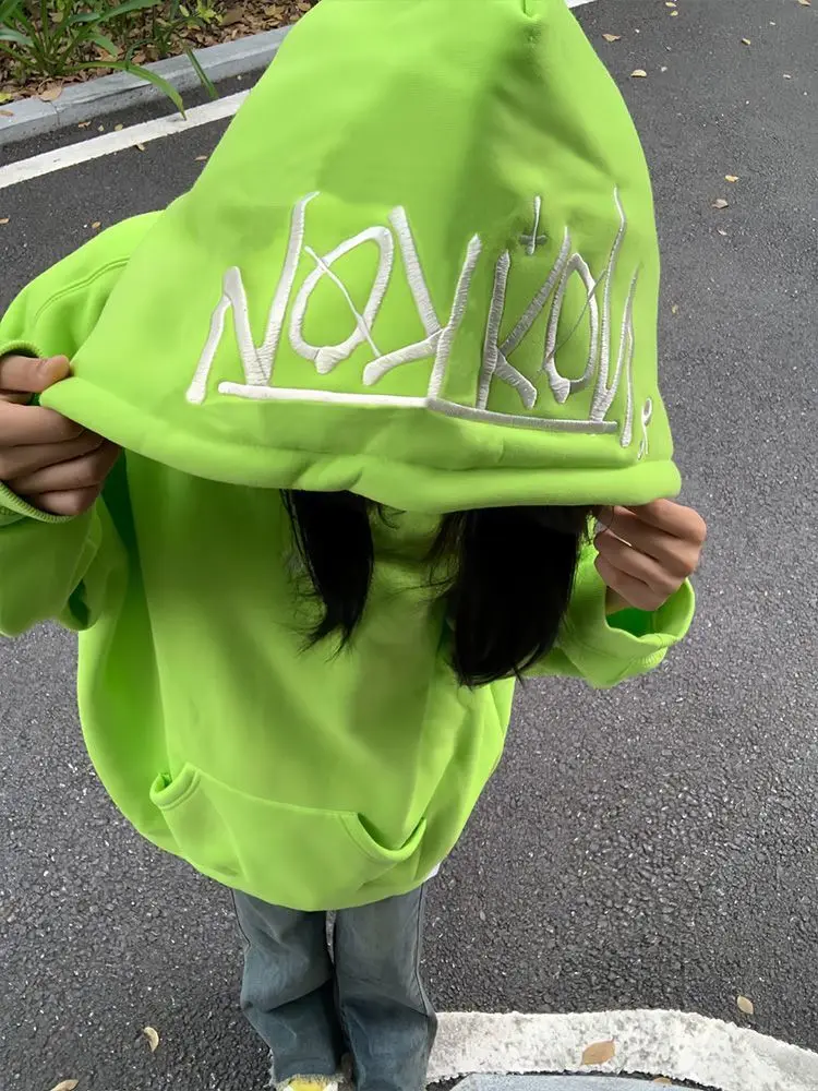 Harajuku Letter Embroidered Fluorescent Green Hooded Sweatshirt American Hiphop Loose Couple Coat Y2k Kawaii Women Clothing