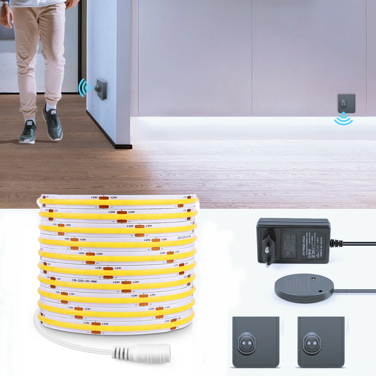 24V COB LED Strip Light with PIR Motion Sensor Movable Disassemble Switch Rechargeable RF Reciever Bed Hallway Stair Night Lamp