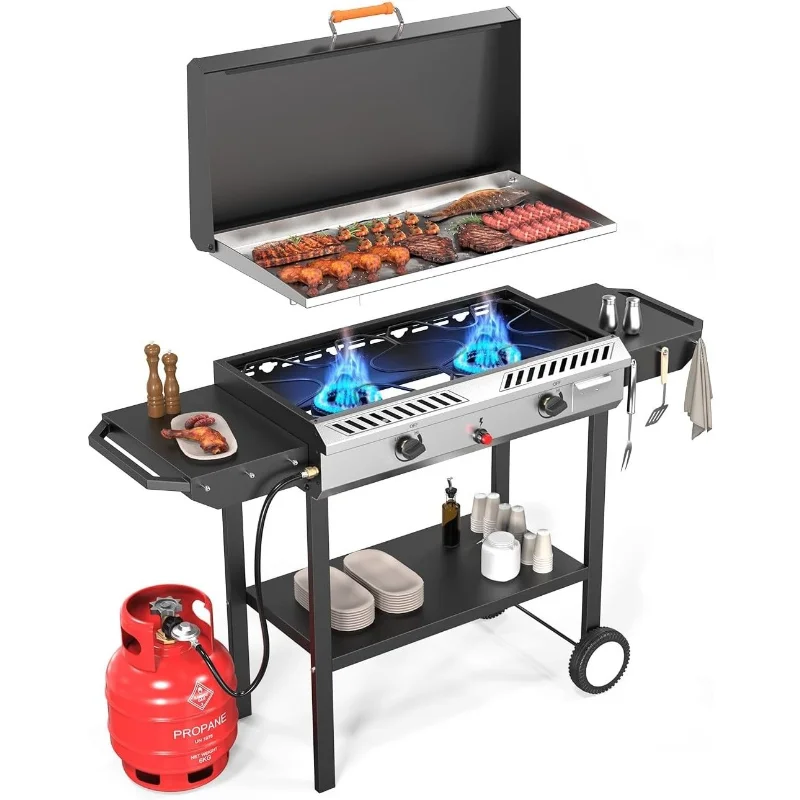 

2 Burner Outdoor Propane Gas Stove with Griddle, Auto-ignition, Regulator & Side Shelves, 150,000 BTU Powerful Stand Cook