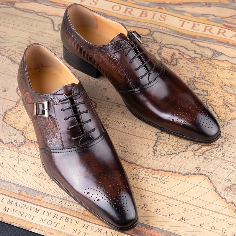 Luxury Pure Cowhide Leather Men Formal Shoes Oxford Business Office Male Dress Black Coffee Lace-up Party Wedding Handmade Shoes