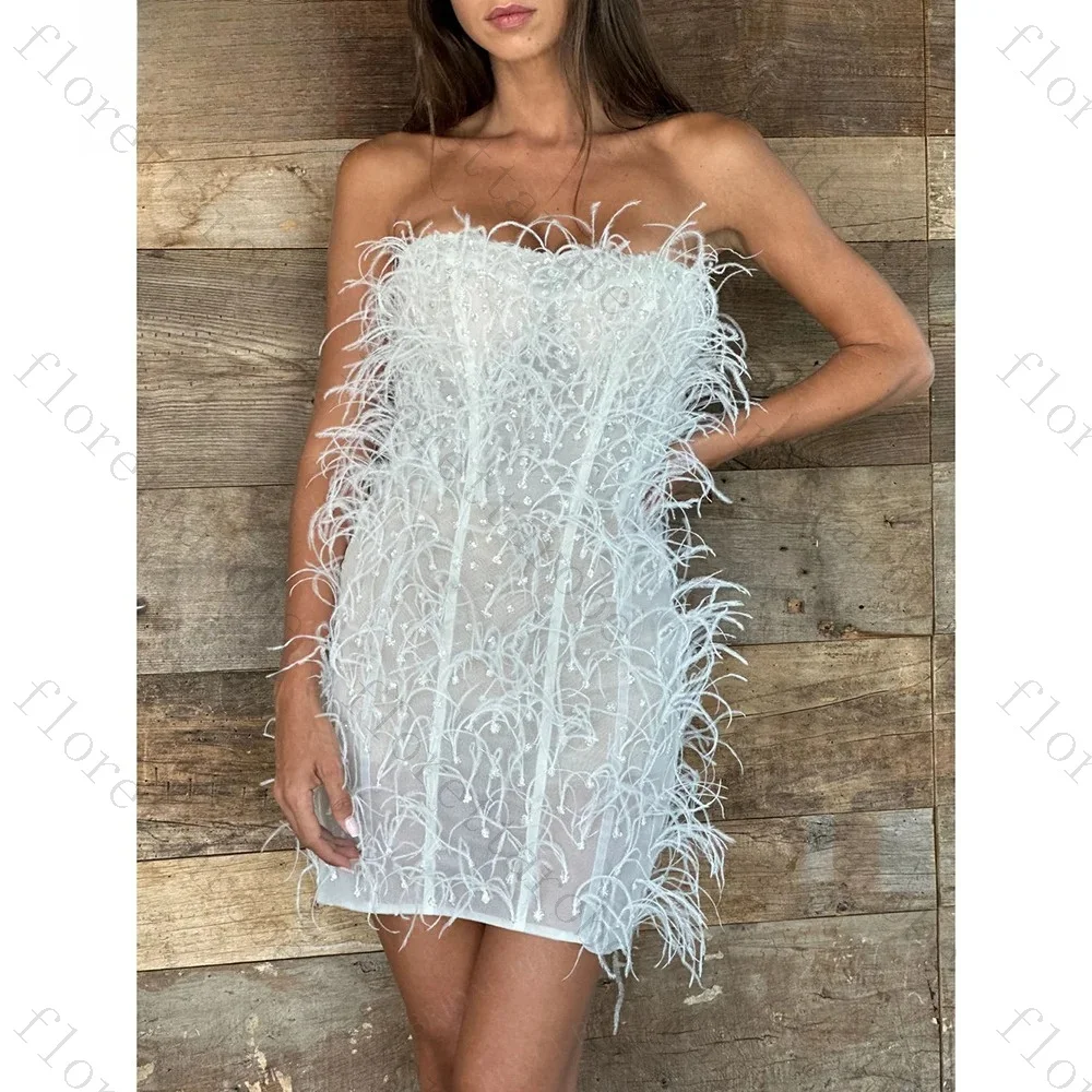 Customized Strapless Mini Wedding Dress Sequined Tulle with Feather Decor Fitted Sheath Bridal Party Gown Detachable Puff Sleeve
