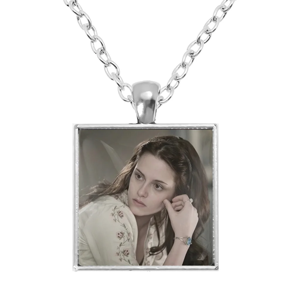 Movie Bella Edward Jacob Renesmee Square Pendant Necklace Glass Cabochon Twilight Character Chain Girl Women Fashion Jewelry