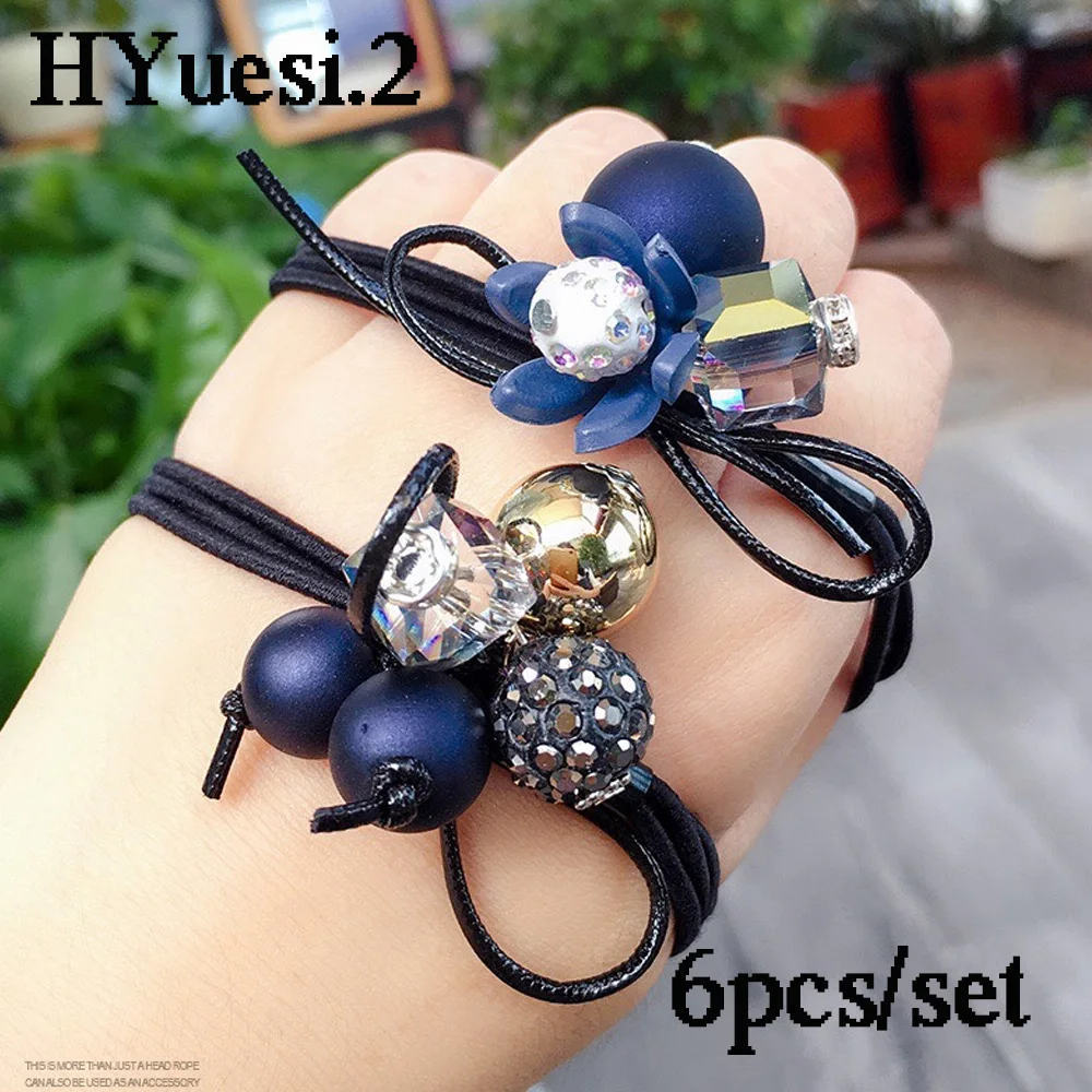 6pcs/Set Flower Crystal Ball Charms Hair Ties With Ribbon Elegant Bow Beaded Hair Ropes Women High Elastic Ponytail Rubber Band