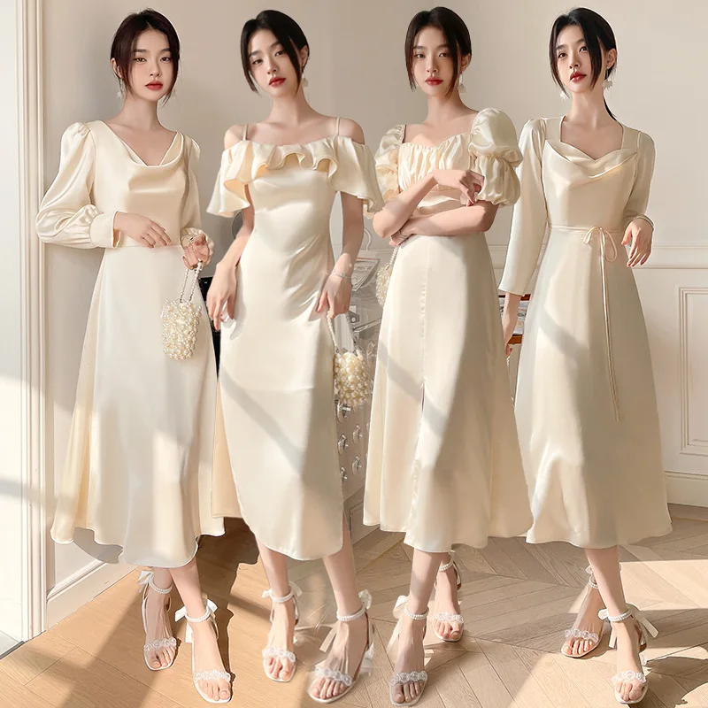 

Mid Length Champagne Bridesmaid Dress For Women New Summer Autumn Wedding Party Backless Dress Back Frenulum Evening Dress