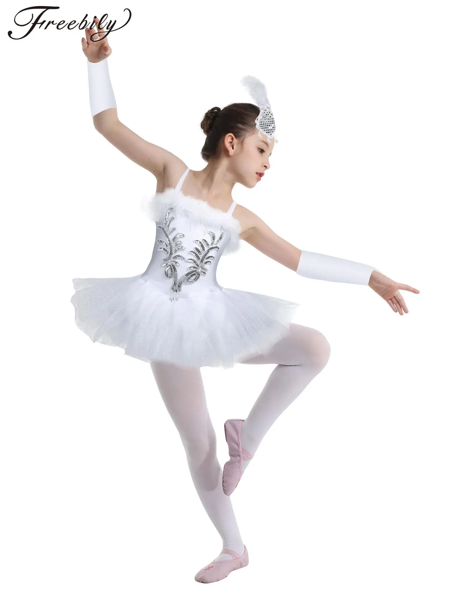 Kids Girls Ballet Tutu Swan Dance Gymnastics Skating Costume Sequin Beads Mesh Leotard Princess Dress with Gloves Hair Clip