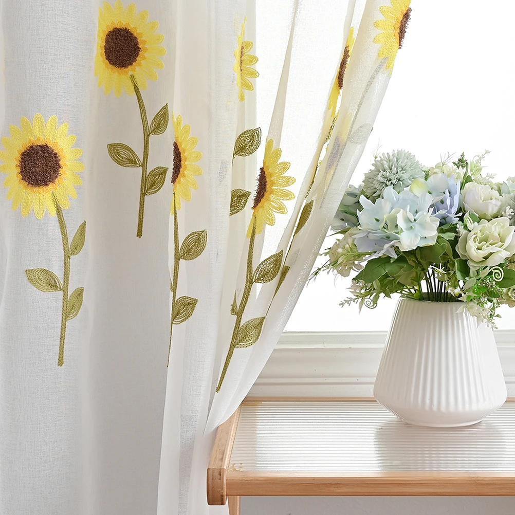 

Sheer Curtains Embroidered Sunflower Mesh Polyester Privacy Drapes Elegant Window Decor Long Lasting Durability Bedroom