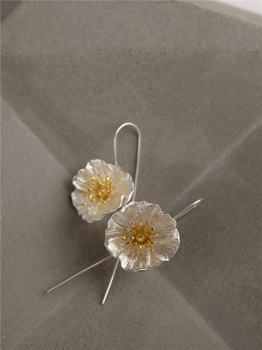 

Original Design Silver Earrings Unique Poppy Flower Style Artistic Vintage High Quality Fashionable Women's Jewelry Accessories