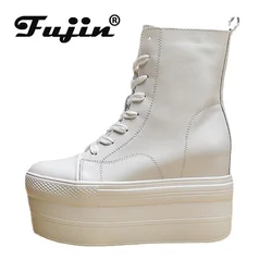 Fujin Genuine Leather 10cm Hidden Heel Boots Shoes Zipper Winter Boots Ankle Warm Booties Super Thick Sole Platform Wedge