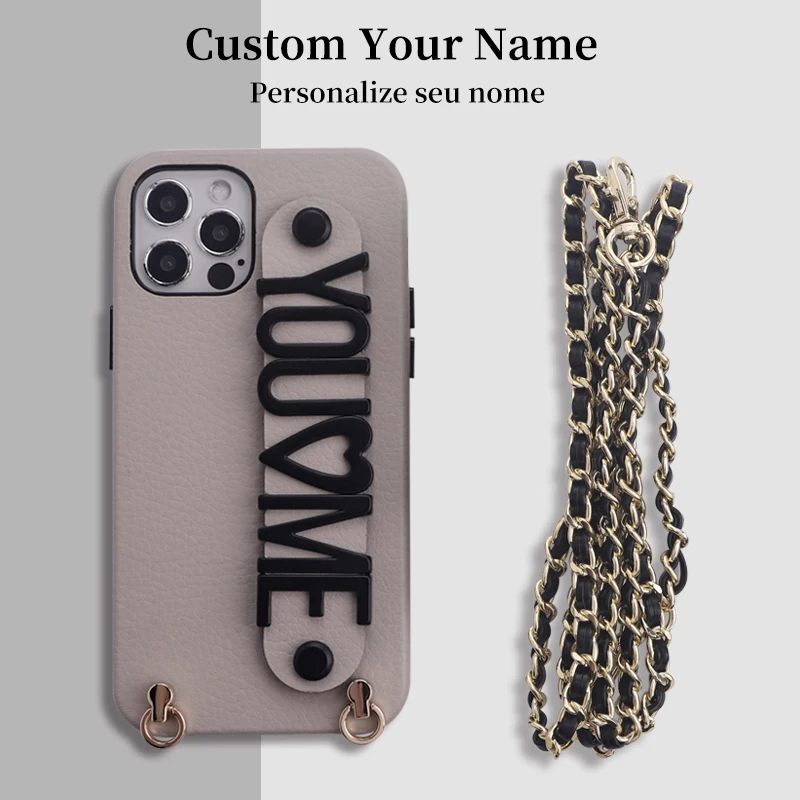 Custom Name Logo Gold Letters Pebble Leather Adjustable Lanyard Phone Case For iPhone 11 12 13Pro Max Phone Personalized Cover