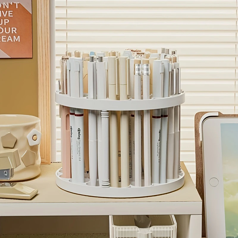 360 ° Rotierender Pinselhalter - Weißer Kunststoff-Organizer mit Glasur-Finish, platzsparendes Design für Kunstpinsel, Stifte, Make-up-Werkzeuge – Detail 4