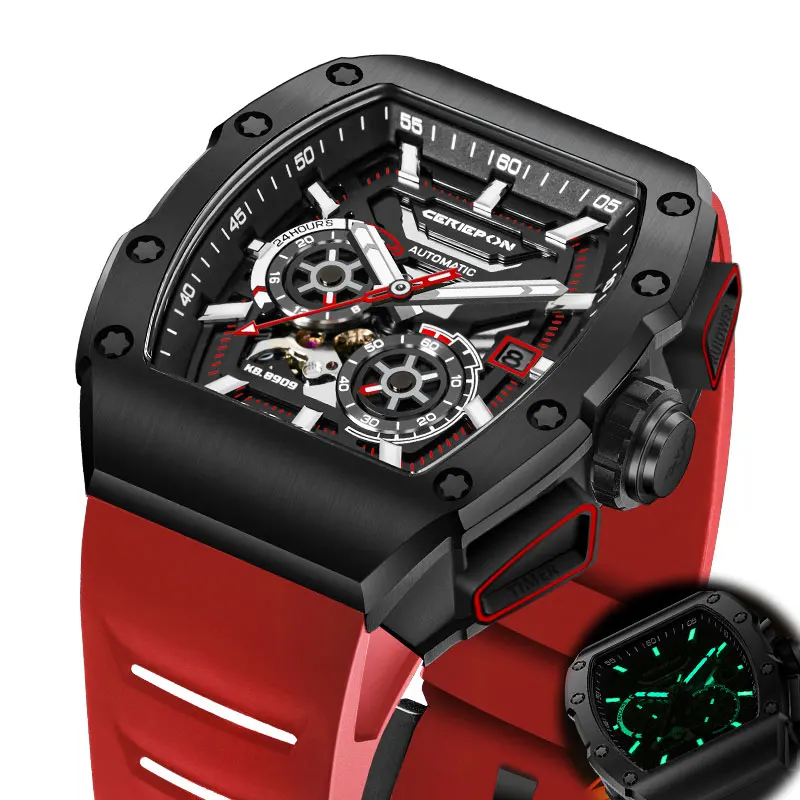 CERIEPON Wine Barrel Shape Men's Fully Automatic Watch 5ATM Waterproof Luminous Rubber Strap Silver Track Series Perfect Gift
