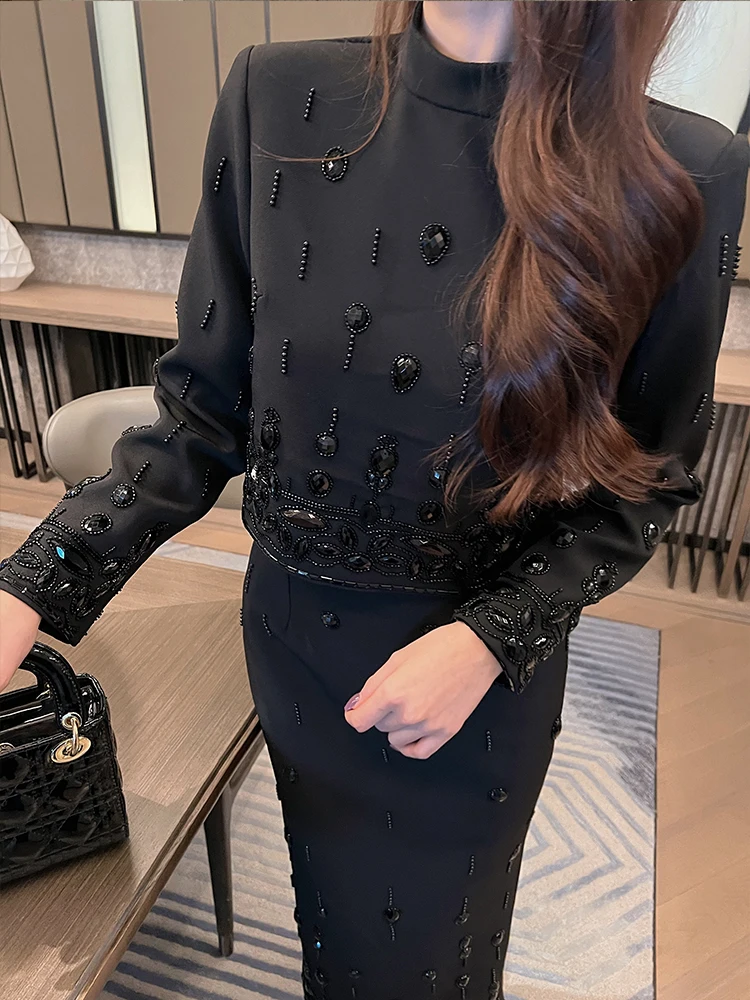 

Австралийский модный бренд ort Heavy Bead Embellied Diamond, утягивающий топ и длинная юбка, комплект из двух предметов для женщин