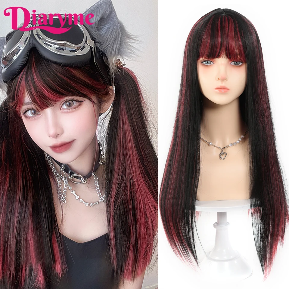 

Long Straight Wig With Bangs Synthetic Hair Black Mixed Red Lolita Wig For Women Cosplay and Daily Wear Highlights Red Wig Femal