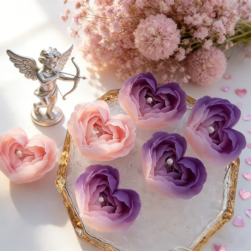 

3D Heart Rose Flower Candle Silicone Mold Peony Aromatherapy Candle Resin Plaster Craft Mould for Valentine Romantic Decor Gift