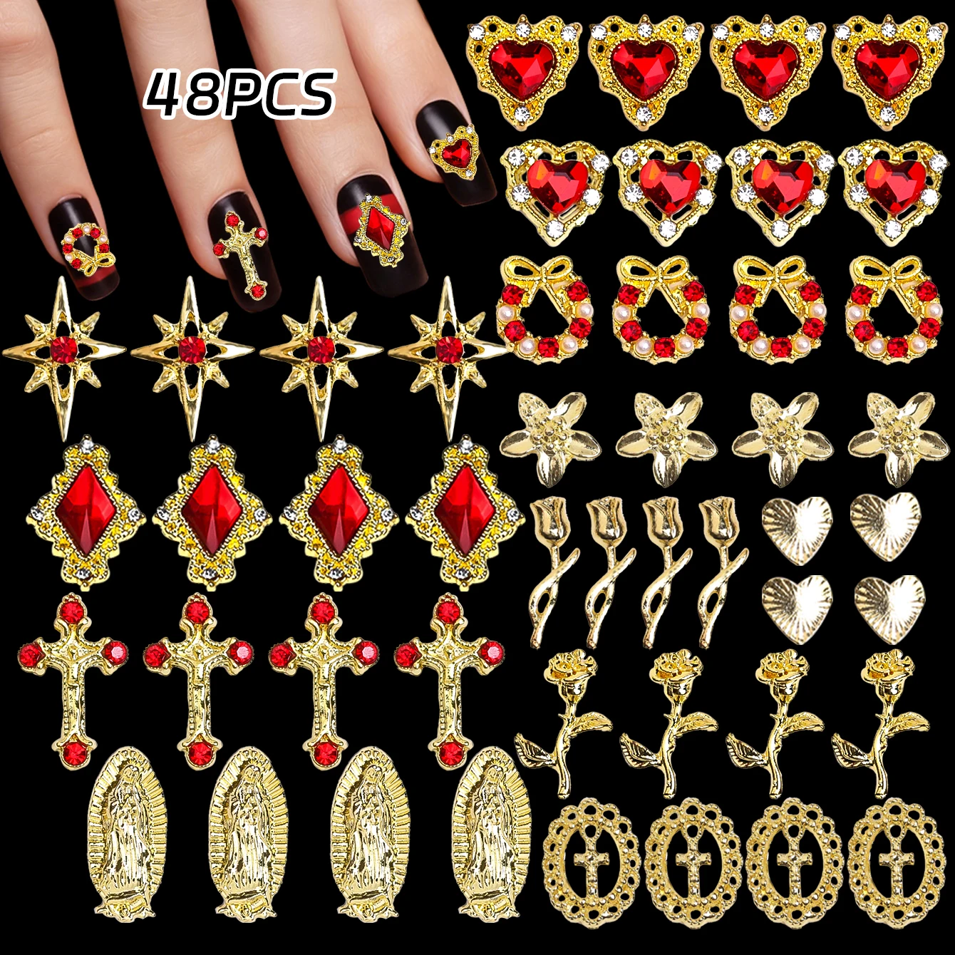 

48PCS Red Star Nail Charms for Acrylic Nails,Star Planet Cross Alloy Nail Art Decoration, Nail Stones Nail Jewels Accessorie