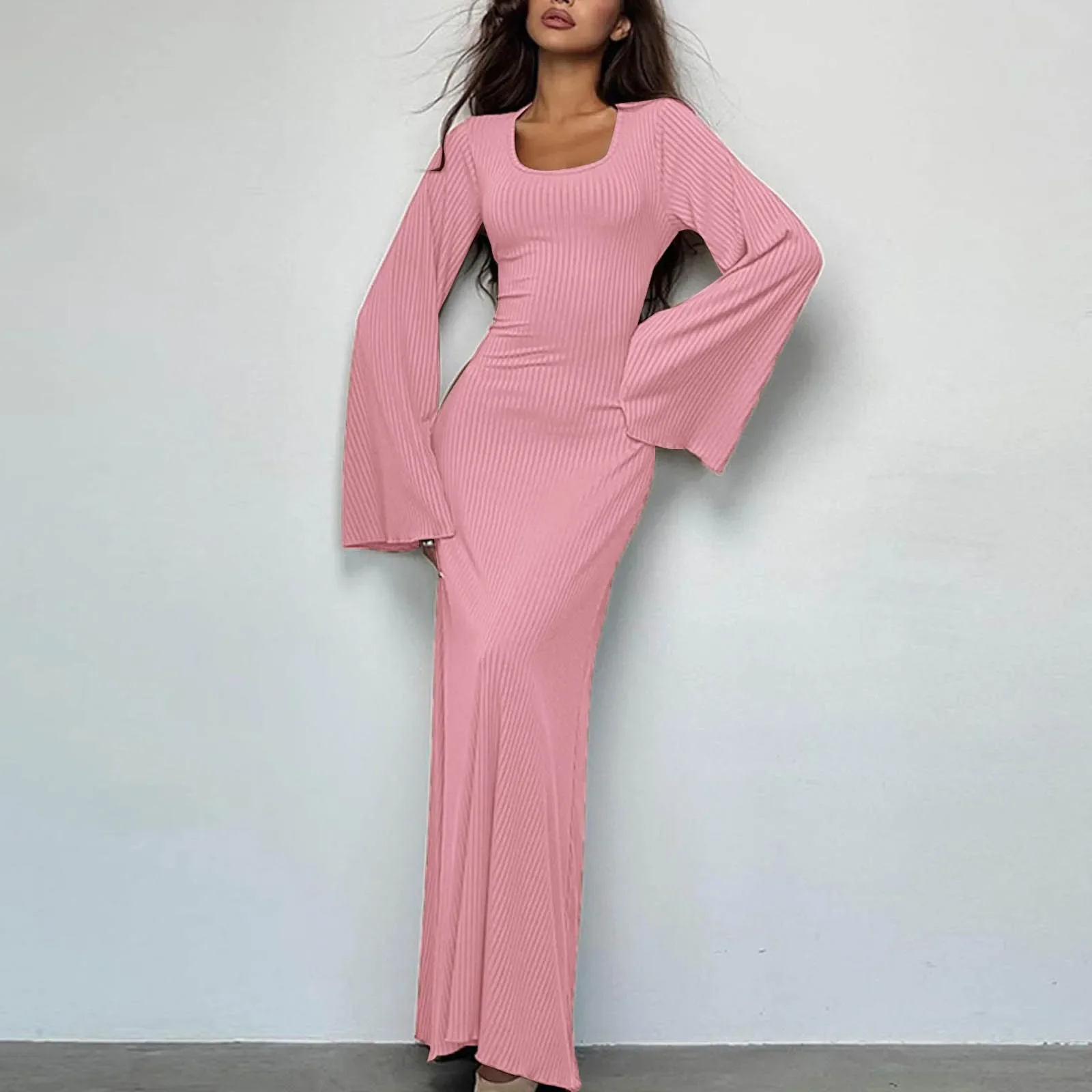 

Scoop Neck Lace-Up Ribbed Maxi Dress Female Long Sleeve Fashion Slim Loose Bandage Dress Autumn 2023 Solid Women Dress New