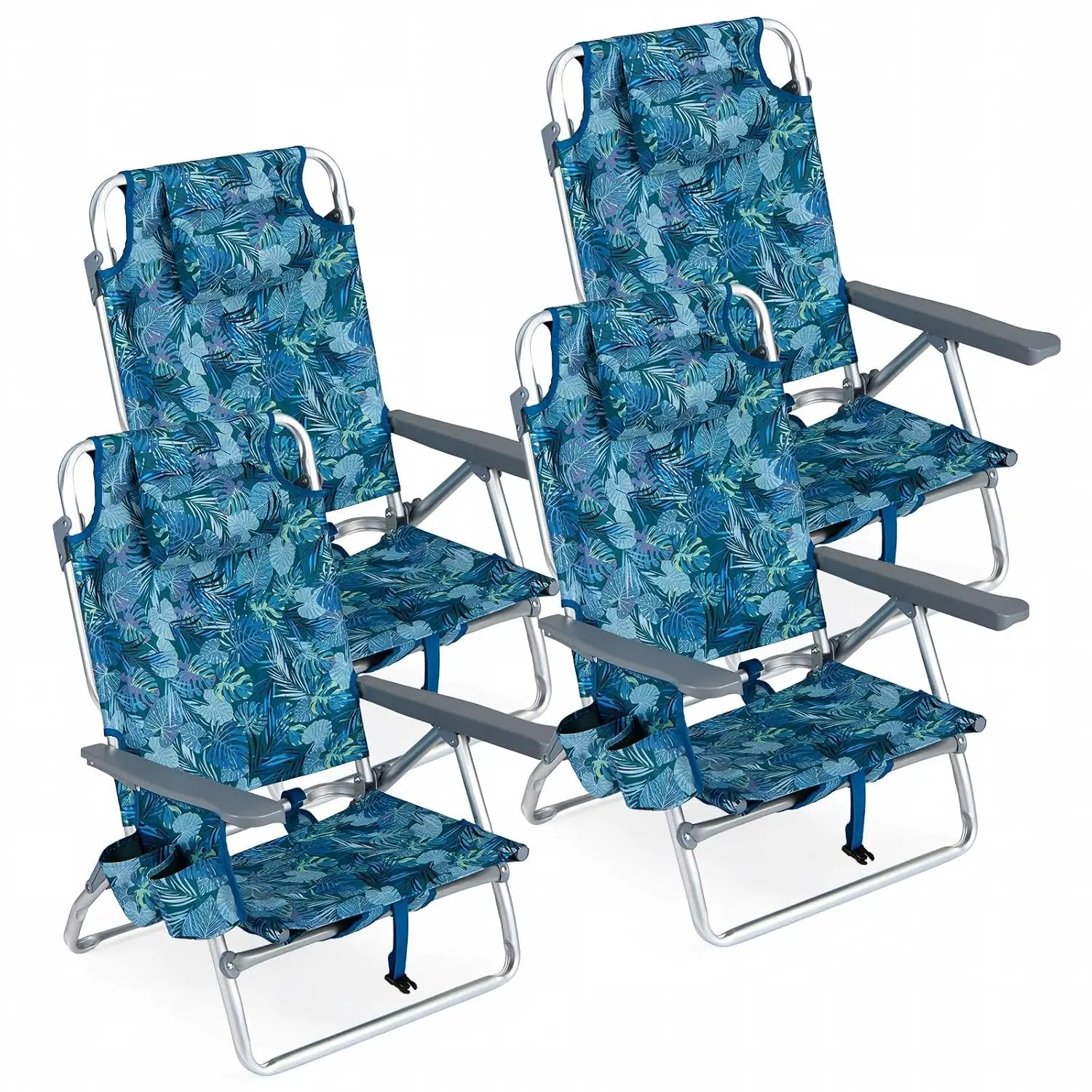 Folding Beach Chair, Patio Sling Chairs with 5 Adjustable Position, Head Pillow, Storage Bag, Towel Bar, Cup Holders, Backpack