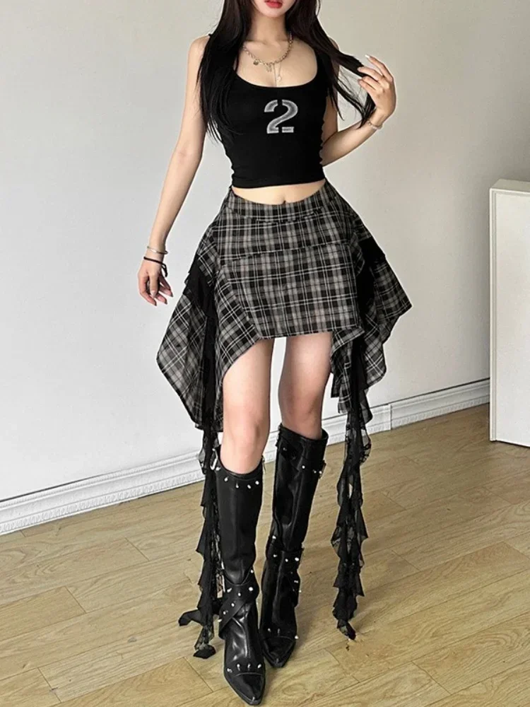 

Streetwear Y2k Clothes Long Tassels Skort Plaid Skirts For Women Asymmetrical Conjuntos De Falda Jupe Femme Evening Dresses