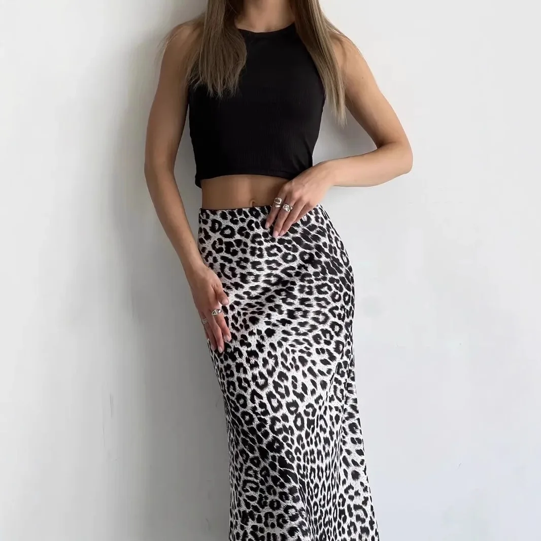 Sexy Leopard Print Satin Half Skirt High Waist Smooth Long Skirt Direct Sale Women's Fashion Mid-Year Straight Tube Skirt
