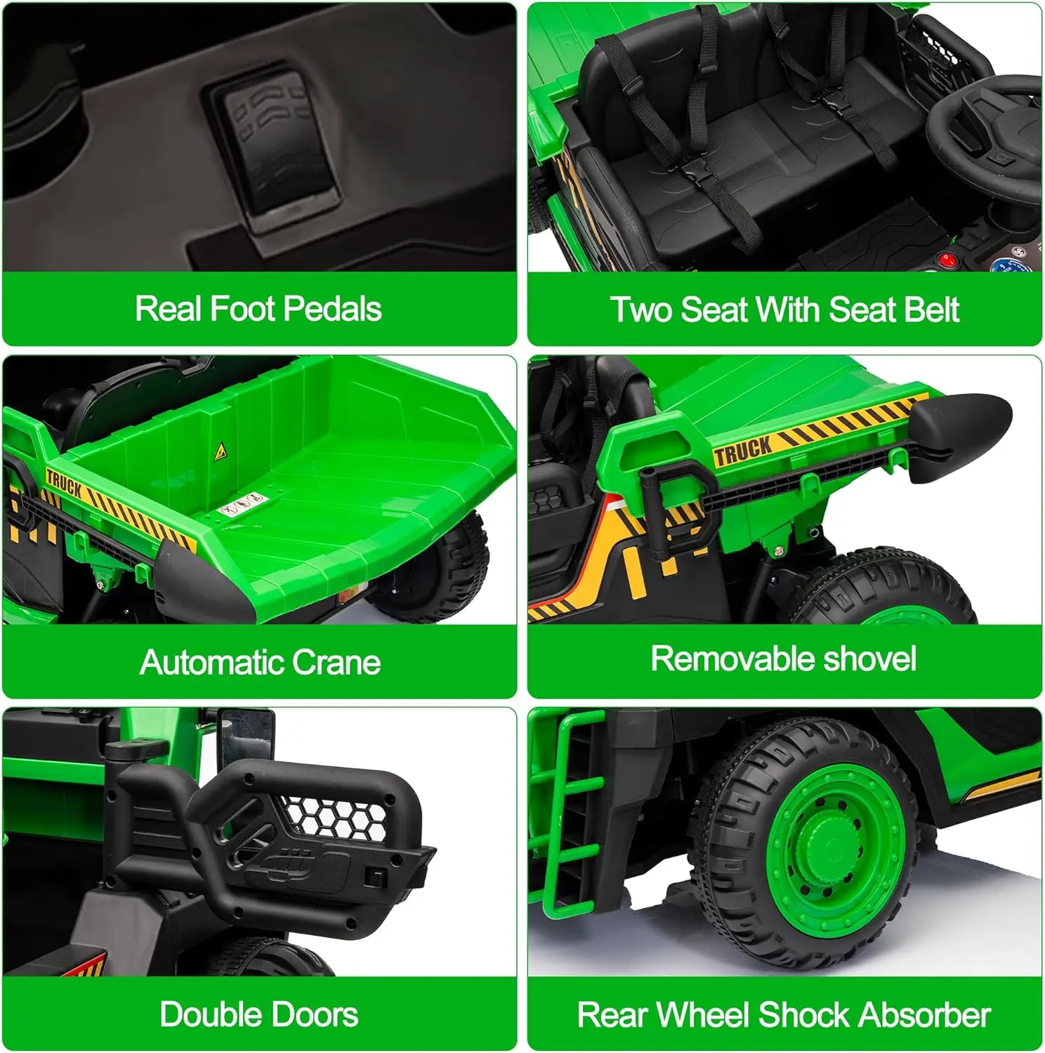 Camión volquete para niños de 24 V, 2 plazas con control remoto parental, 4,35 MPH y 4WD, cama volquete eléctrica + pala para construcción al aire libre