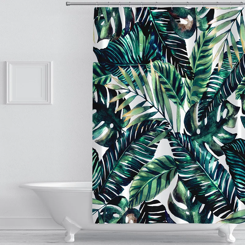 Tropical Green Plant Leaf Palm Cactus Shower Curtains Bathroom Curtain Frabic Waterproof Polyester Bathroom Curtain with 12Hooks