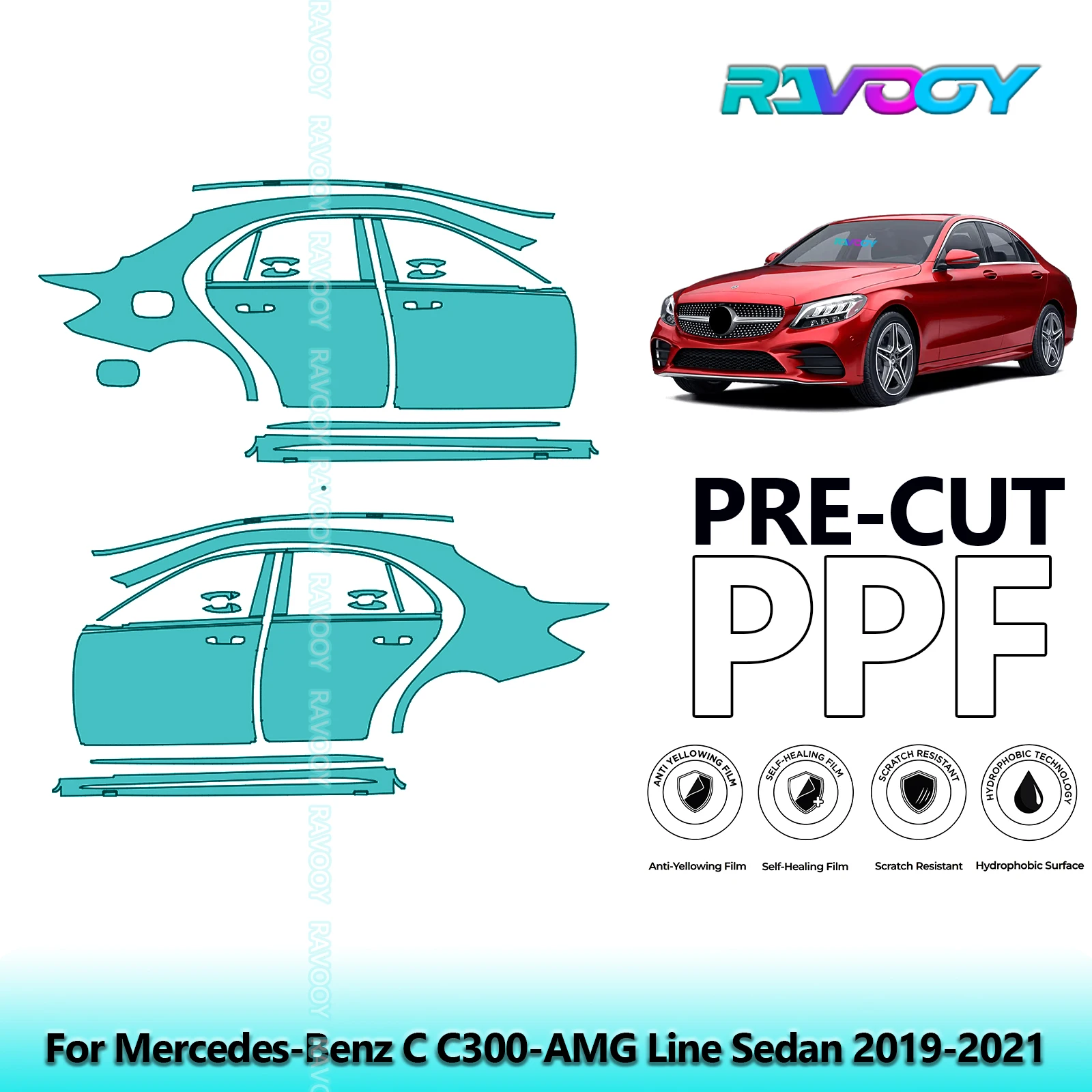 

For Mercedes-Benz C C300-AMG Line Sedan 2019-2021 8.5mil Pre-Cut PPF Door & A/B Pillar Kit TPU Paint Protection Film Set