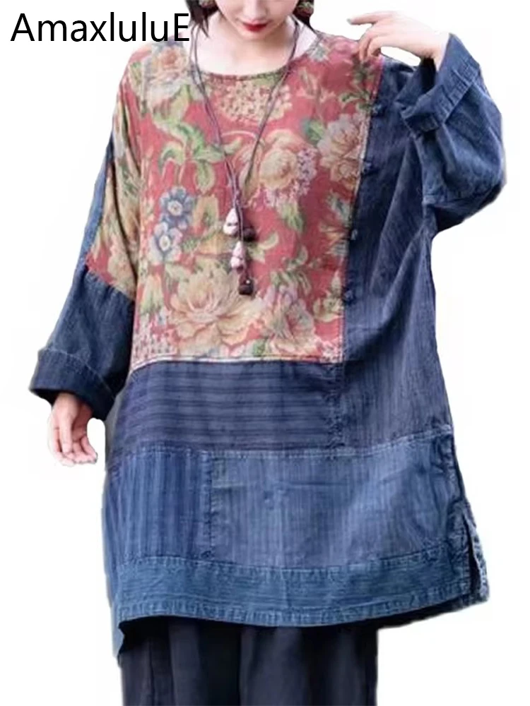 Amax LuluE Gaun Denim Tiongkok Tambal Sulam Cetak Musim Gugur Wanita Pakaian Klasik Longgar Santai Ukuran Besar Vintage Mode