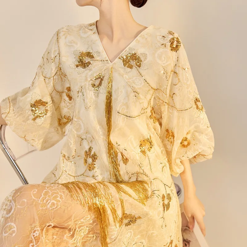 

New Fashion Embroidered Long Skirt Summer Chinese Lace Bead Embroidered Dress Women