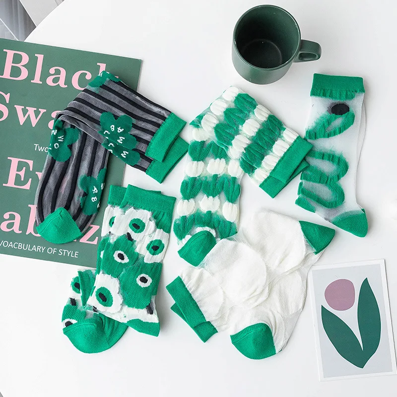 5 أزواج من الجوارب الصيفية الطويلة المصنوعة من القطن بجزء سفلي من الكريستال الأخضر مع تطريز من الألياف الزجاجية جوارب نسائية قابلة للتنفس ومضادة للخطاف من الحرير
