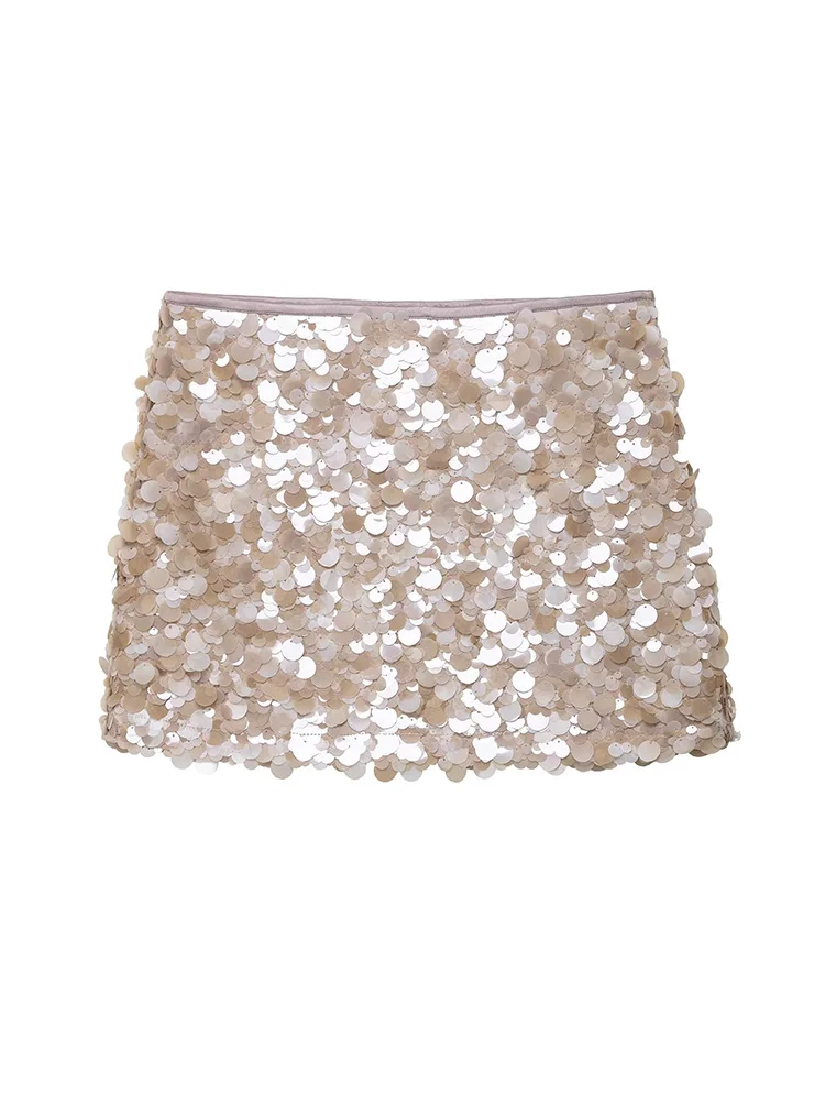 SIYANG ผู้หญิงแฟชั่น Sequined Solid ซิปด้านข้าง A-Line กระโปรงมินิวินเทจสูงเอวหญิง Chic Lady กระโปรง