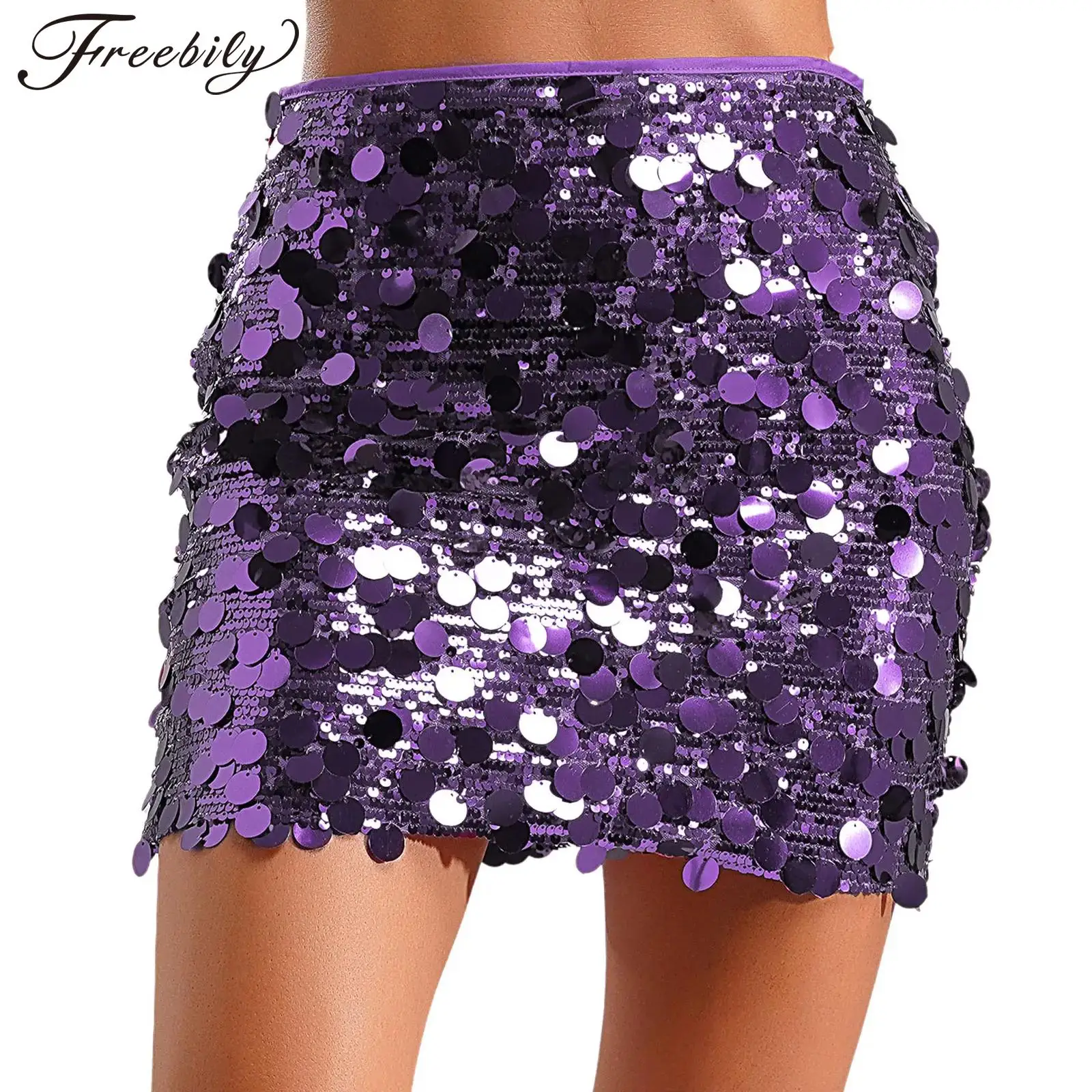 Womens Sparkly Sequins Skirt Shiny Bodycon Mini Skirts for Rave Bar Clubbing Music Festival Party Stage Performance Clubwear