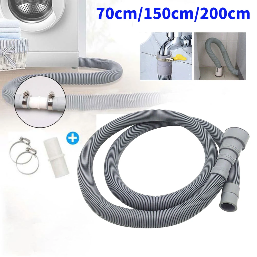 70/150/200cm Drain Pipe Washing Machine Dishwasher Drain Waste Hose Extension Pipe With Connector Hose Connect Clamps Set
