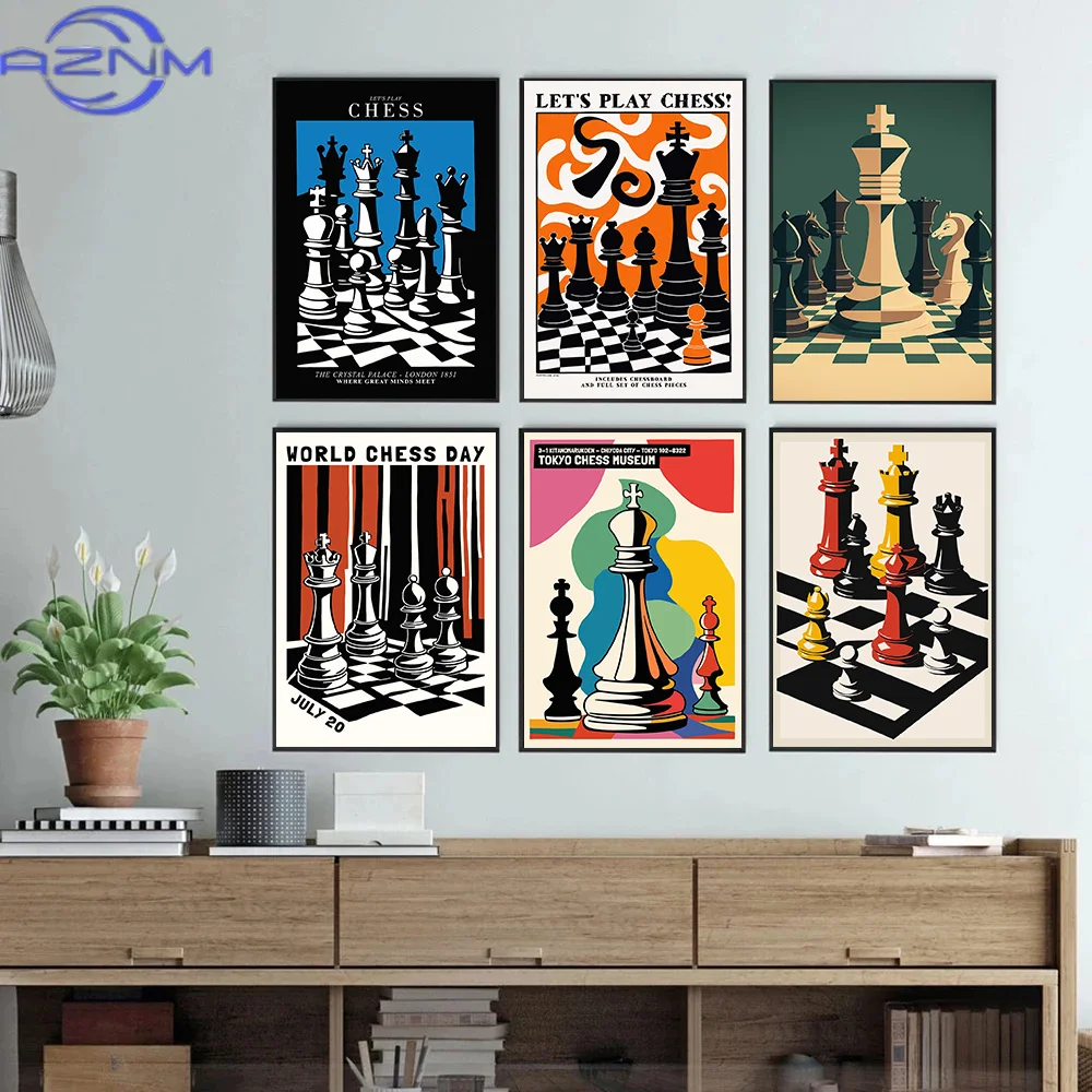 AZNM International Chess Posters Geometric Chessboard Minimalist Game Prints Canvas Painting Wall Art Pictures Home Living Room