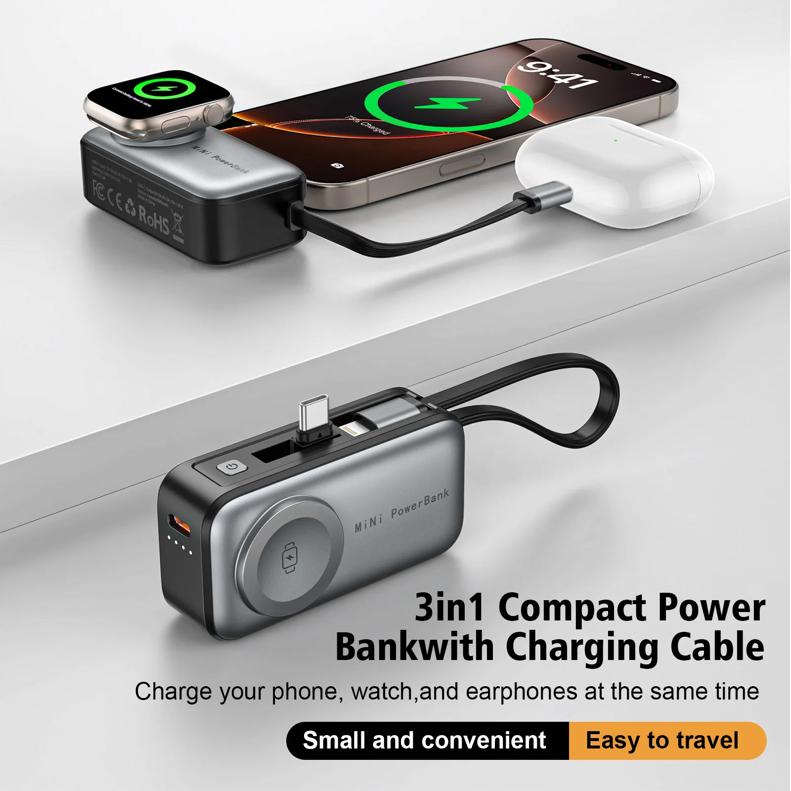 Mini portable handheld three in one wireless power bank with cable suitable for Apple phones, Huawei phones, and smartwatches