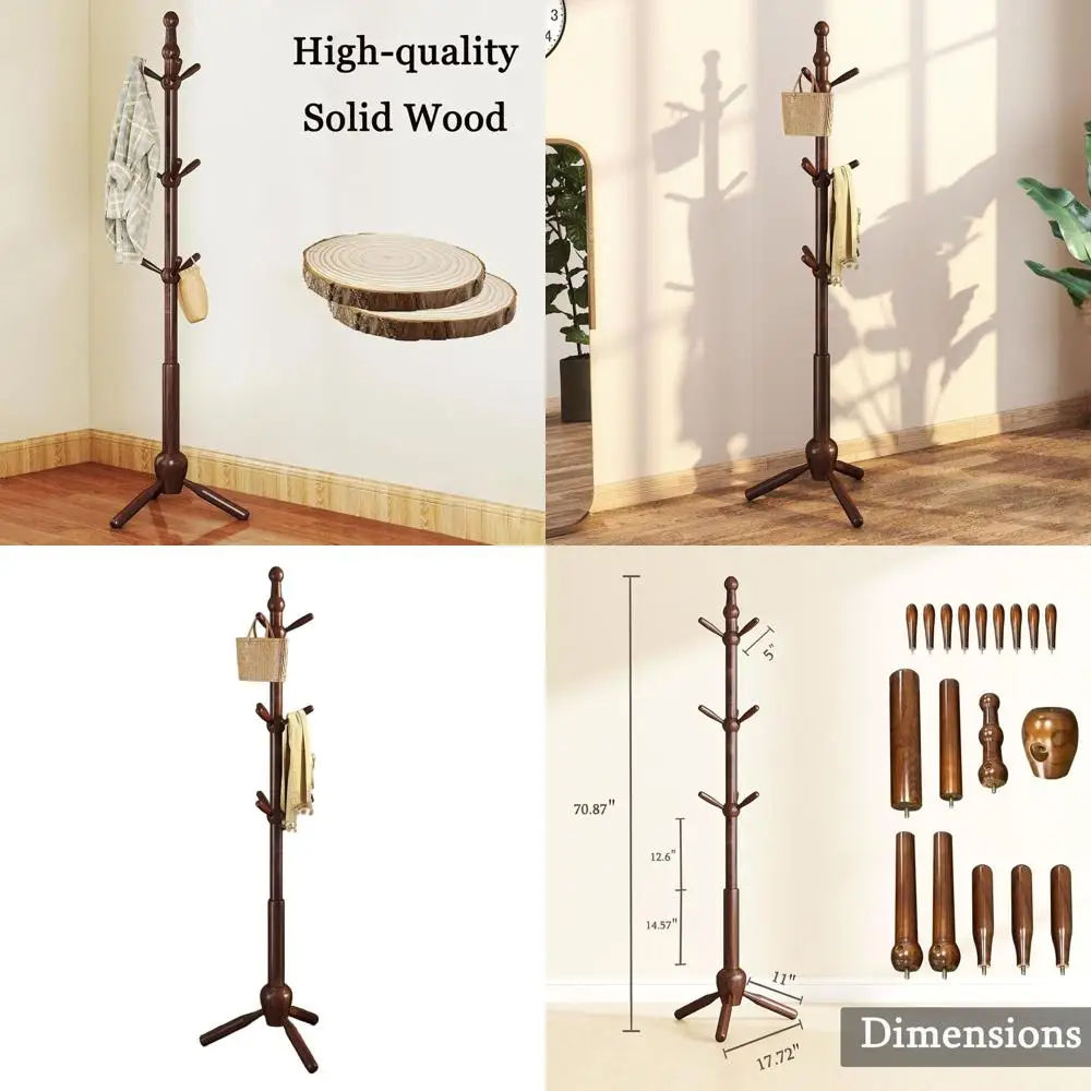 

Vintage 9-Hook Heavy Duty Solid Wood Coat Rack Stand, Adjustable Size for Living Room, Entryway, Office, Hallway, Brown