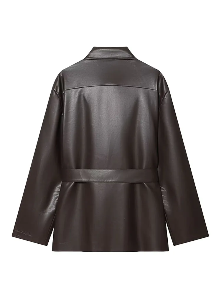 HH سترات عصرية للخريف للسيدات بياقة مقلوبة وأكمام طويلة وحزام مزخرف بصدر واحد معاطف نسائية عالية الشارع