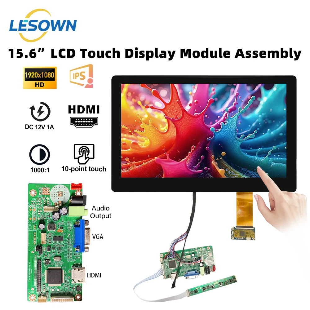

LESOWN 15.6in IPS Display LCD HDMI VGA Monitor Panel Module 1000:1 300cd/m2 Secondary Screen for Laptop PC Windows DIY Projects