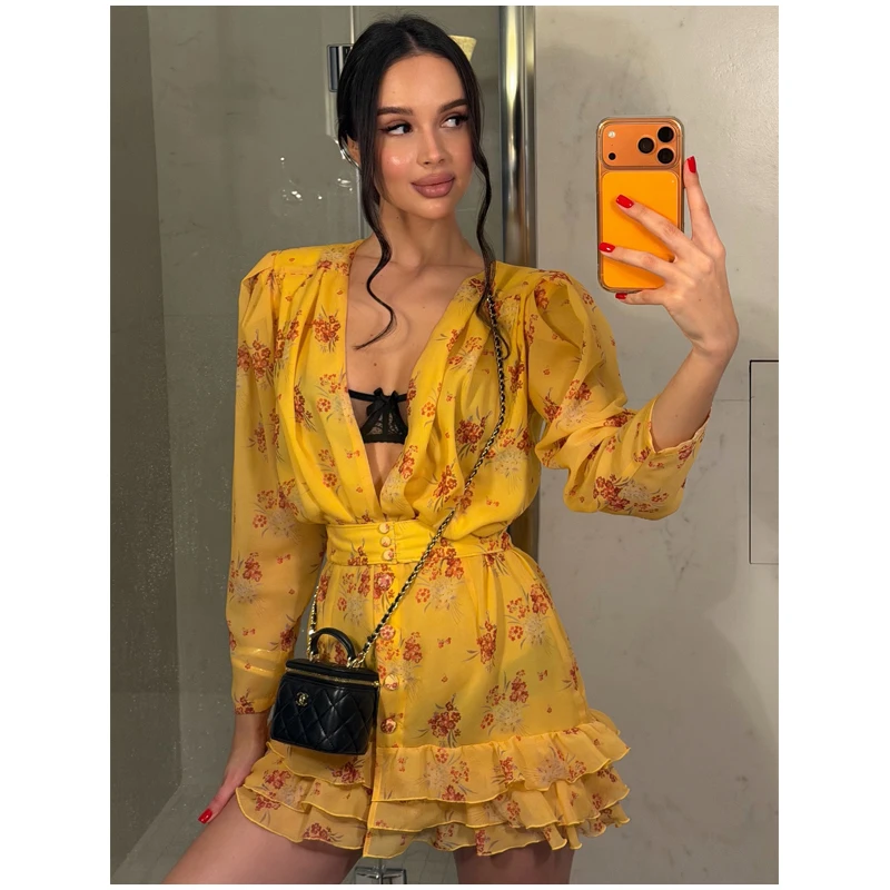 Women's Printed V-neck Short Sleeve Waist Cinching Mini Dress Chic A-line Bodycon Dresses 2026 Lady Summer Vacation Sweet Robes