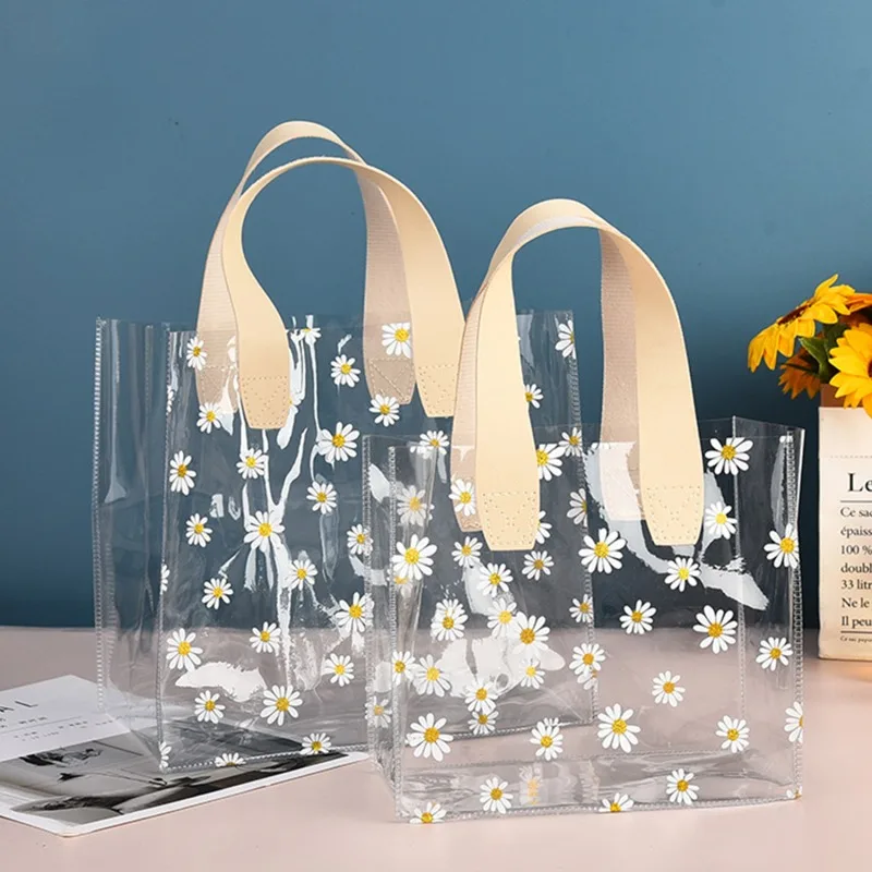 Small Fresh Transparent Wedding Candy PVC Handbag Small Daisy Shopping Wedding Gift Bag Birthday Gift Bag Large Capacity Handbag