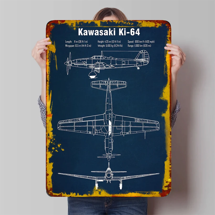Kawasaki Ki-64 Blueprint Metal Wall Art Vintage Aircraft Decor for Aviation Enthusiasts Home Office Decoration