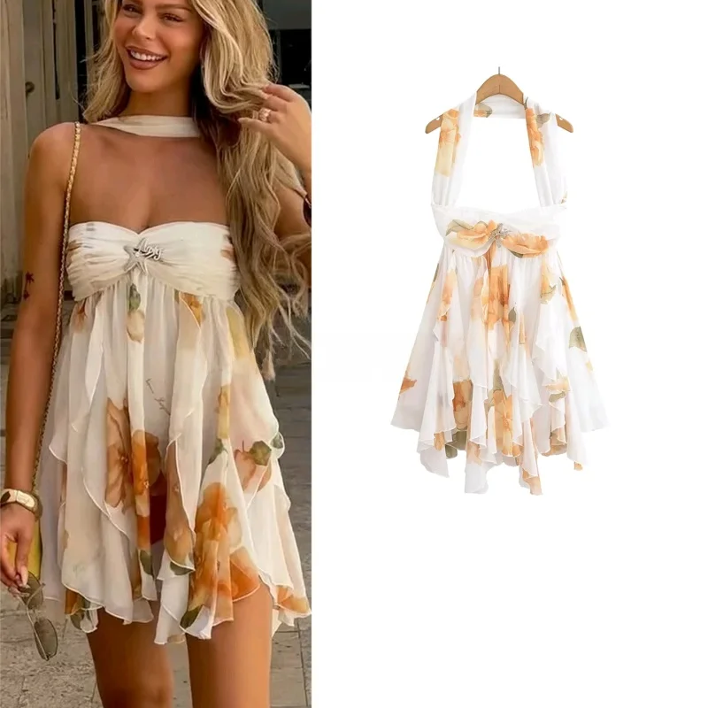 Vestido de Verano para Mujer, Estilo Vacacional de Playa, Diseño Irregular con Borde de Copo de Nieve, Espalda Descubierta, C...