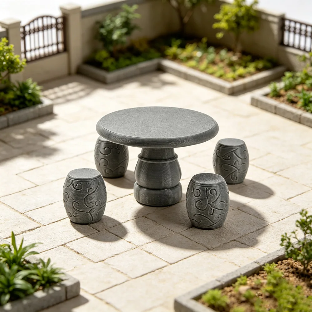 Mini Simulation Round Stone Table with 4 Stools DIY Garden Building Sand Table Scene Layout  Materials Diorama Accessories