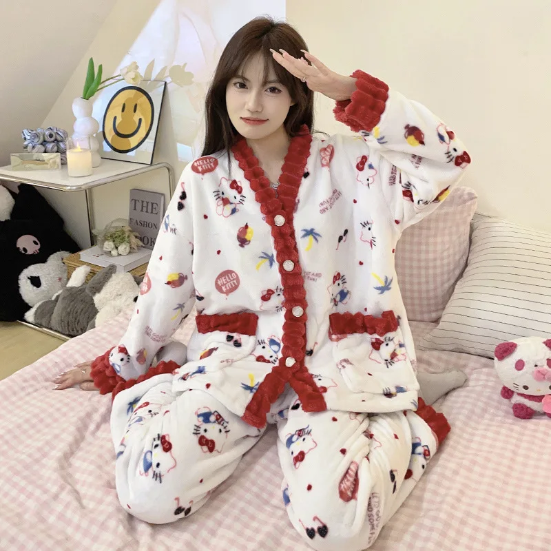 Novo sanrio hello kitty anime pijamas femininos outono e inverno engrossado calças de manga comprida terno kawaii solto confortável homewear