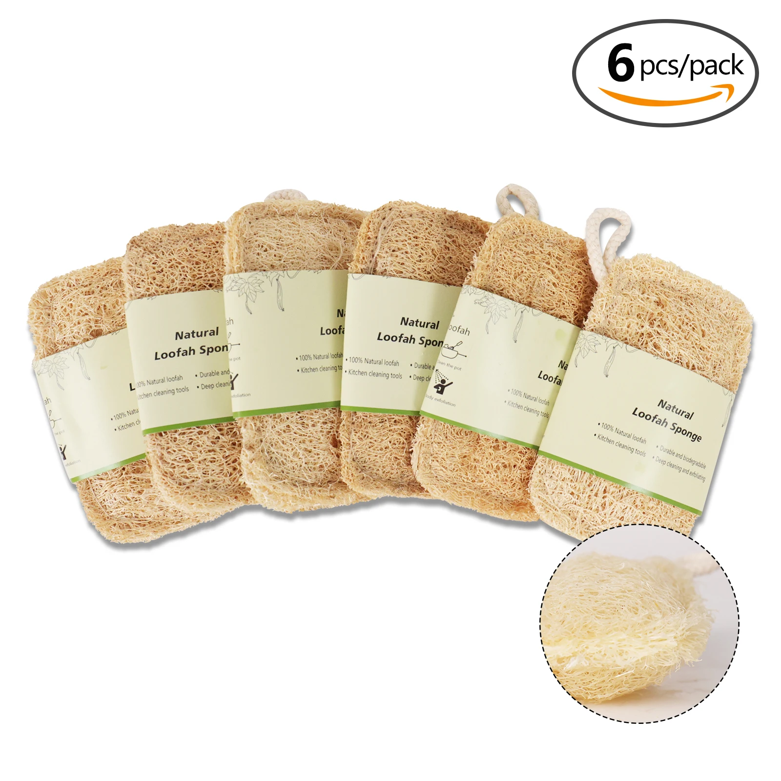 6PCS Natural Loofah Sponges, Dual-Use Kitchen Dish Scrubber & Bath Exfoliating Pad, Eco-Friendly Biodegradable Luffa