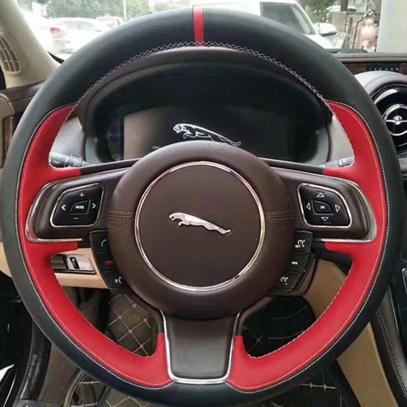 

For Jaguar F-PACE XE XFL XF XEL hand stitched Sports style Genuine Leather non-slip Car Steering Wheel Cover