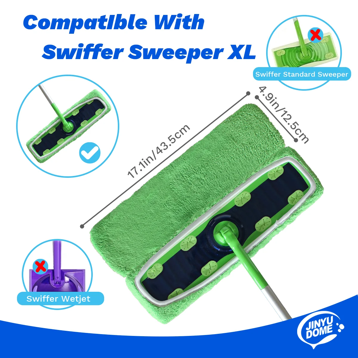 JINYUDOME 3Pcs Reusable Microfiber Mop Pads For Swiffer XL Sweeper Refills Washable Green Dry & Wet Mopping Floors Cloths 17“*5”