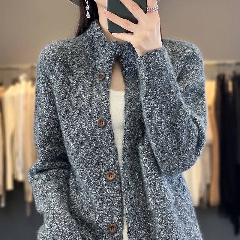 Autumn/Winter New 100% Merino Wool Clothing Women\'s Stand Up Collar Knitted Cardigan Fashion Korean Twisted Jacket Luxurious Top