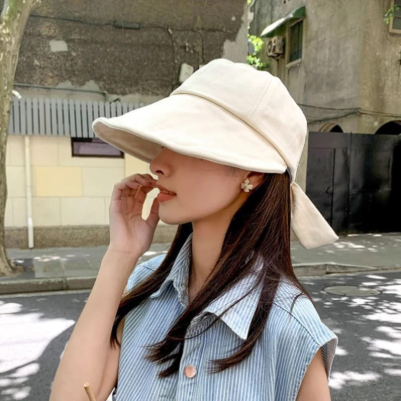 Summer UV Protection Hat UFP 50+ Fisherman Cap Sun Hat Portable Foldable Wide Brim Bow Ponytail Sun Protection Hats Adjustable